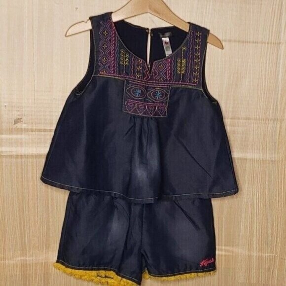 Kensie Girls Blue Denim Look Embroidered Sleeveless One Piece Outfit 6X - Picture 1 of 9